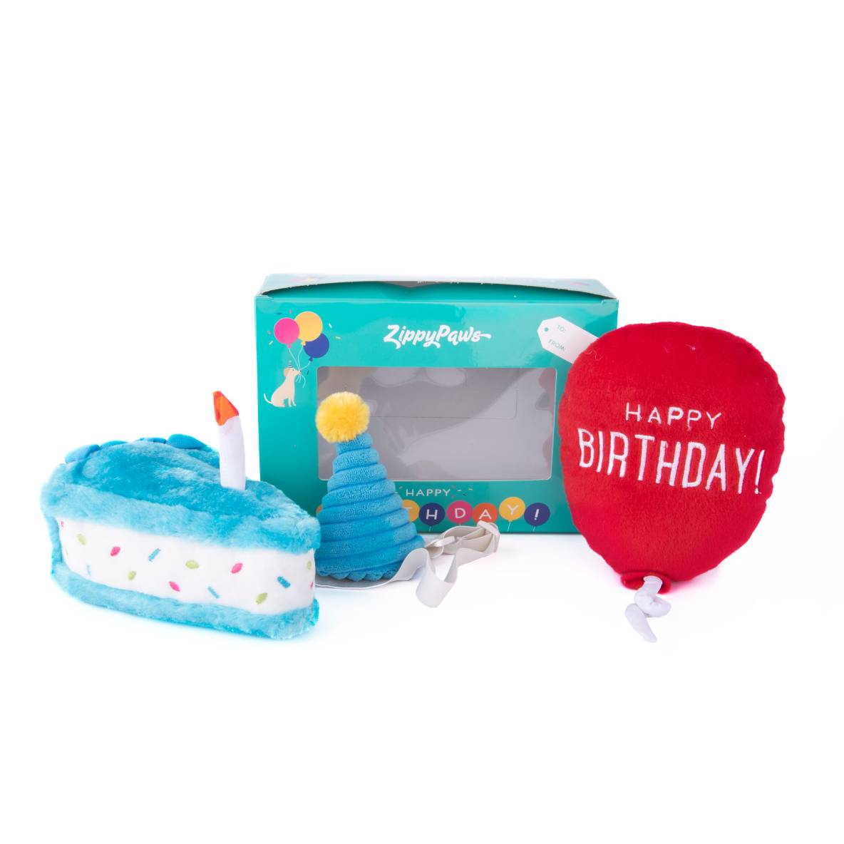 Pup Birthday Box met drie speeltjes - Blauw