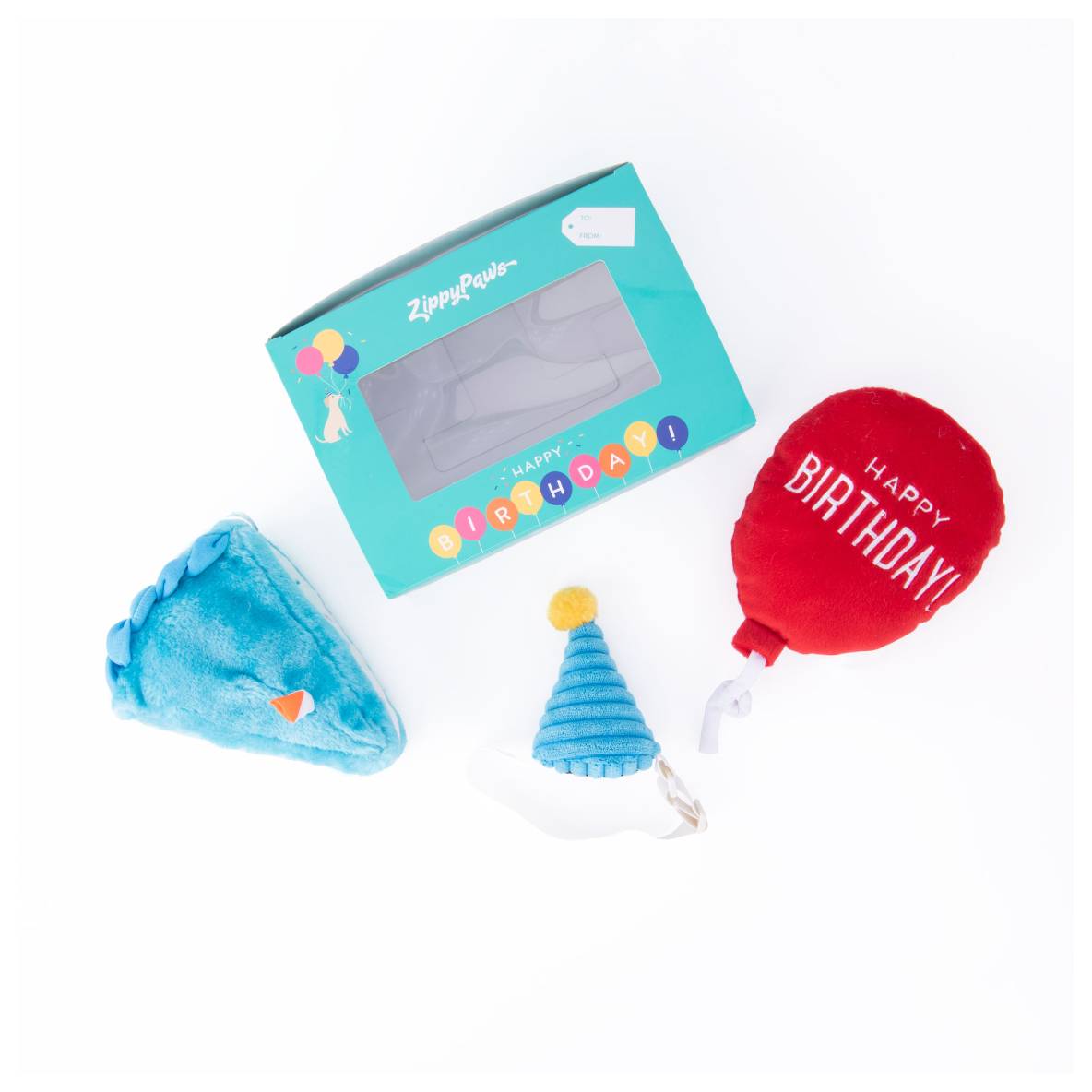 Pup Birthday Box met drie speeltjes - Blauw