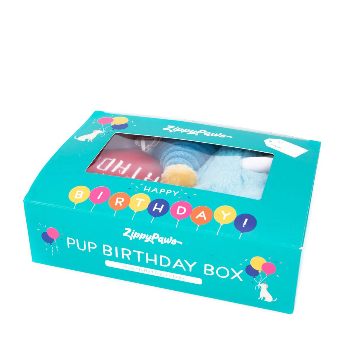Pup Birthday Box met drie speeltjes - Blauw